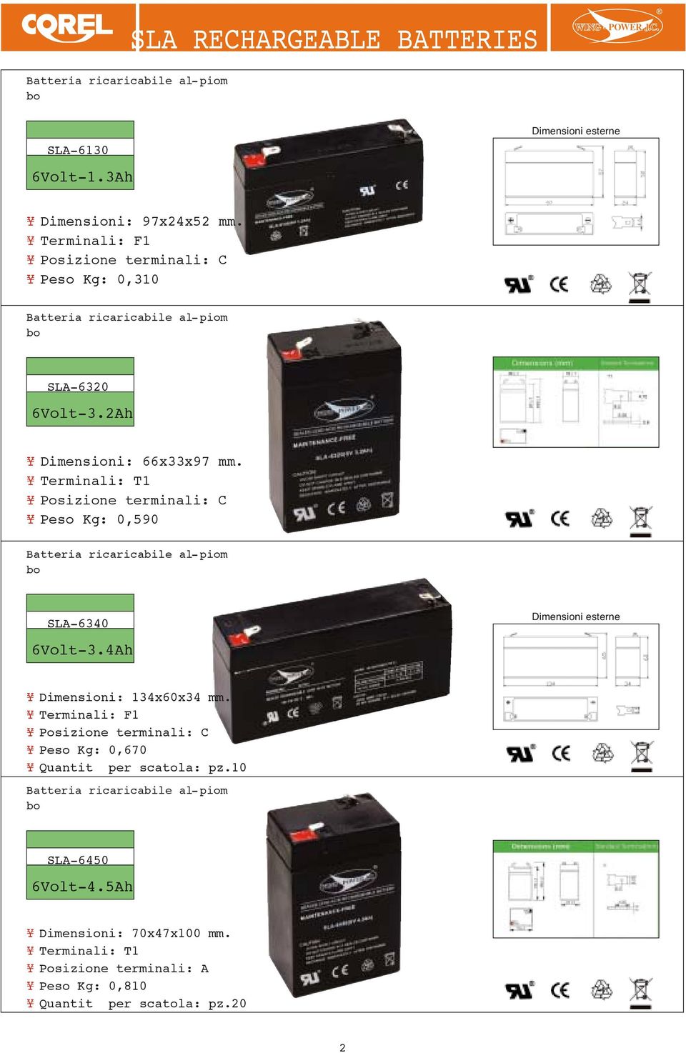 Terminali: T1 Posizione terminali: C Peso Kg: 0,590 Batteria ricaricabile al -piom SLA-6340 Dimensioni esterne 6Volt-3.4Ah Dimensioni: 134x60x34 mm.