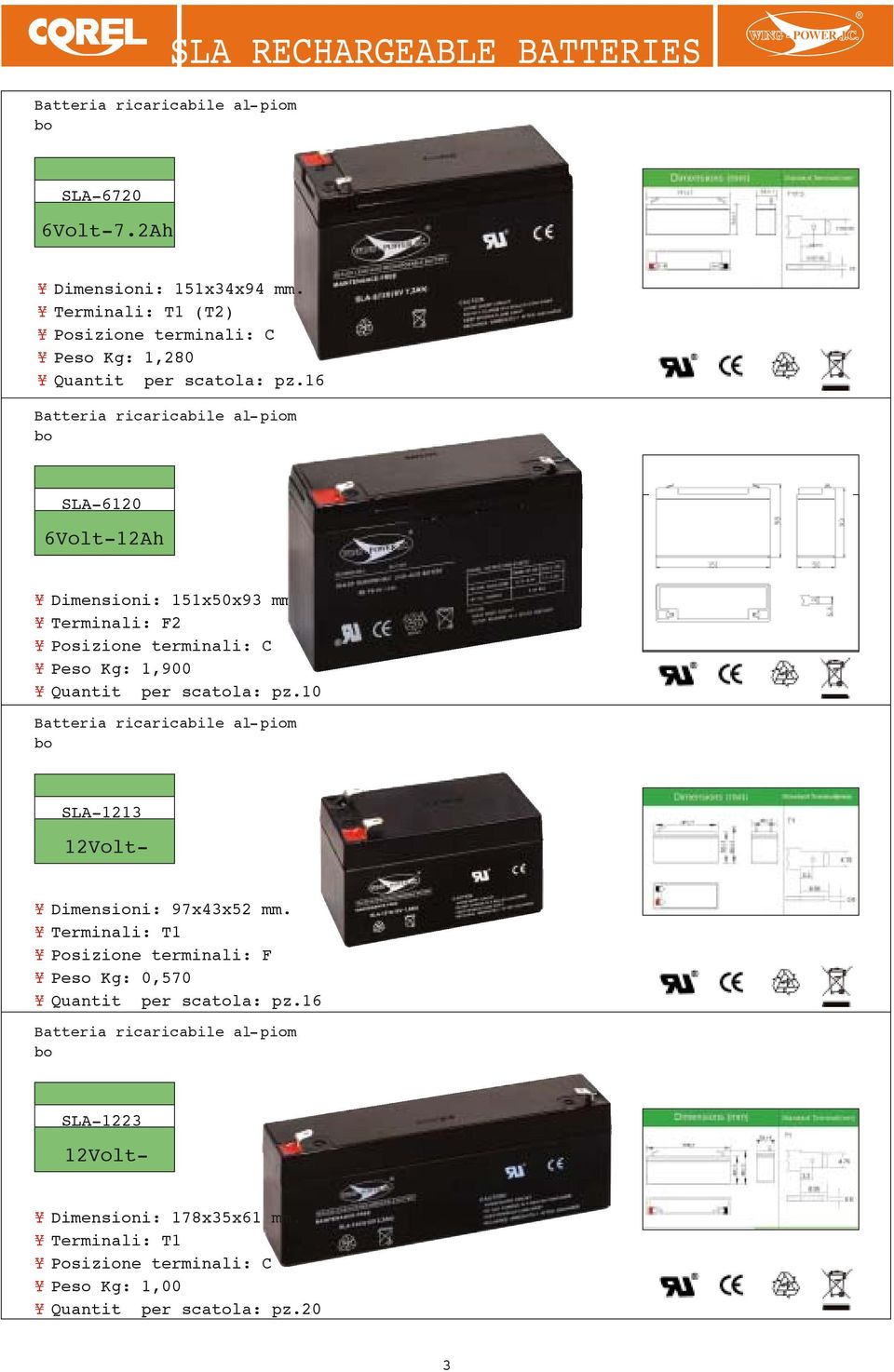 16 Batteria ricaricabile al -piom SLA-6120 6Volt-12Ah Dimensioni esterne Dimensioni: 151x50x93 mm.