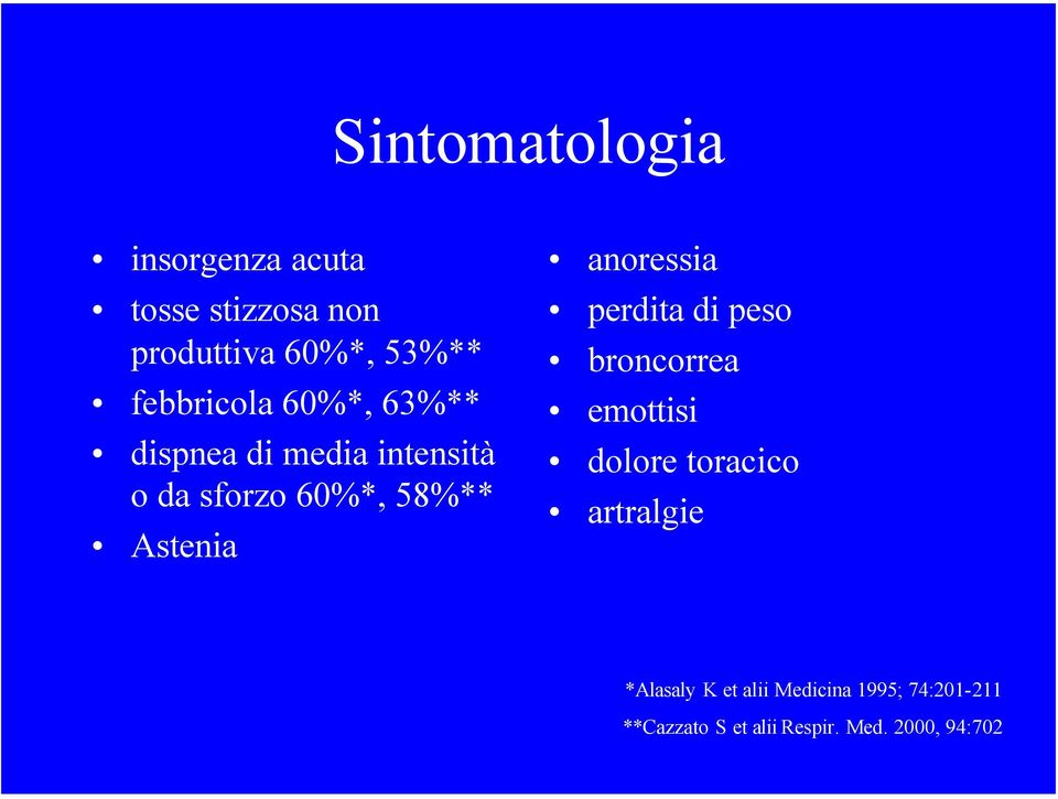 Astenia anoressia perdita di peso broncorrea emottisi dolore toracico artralgie