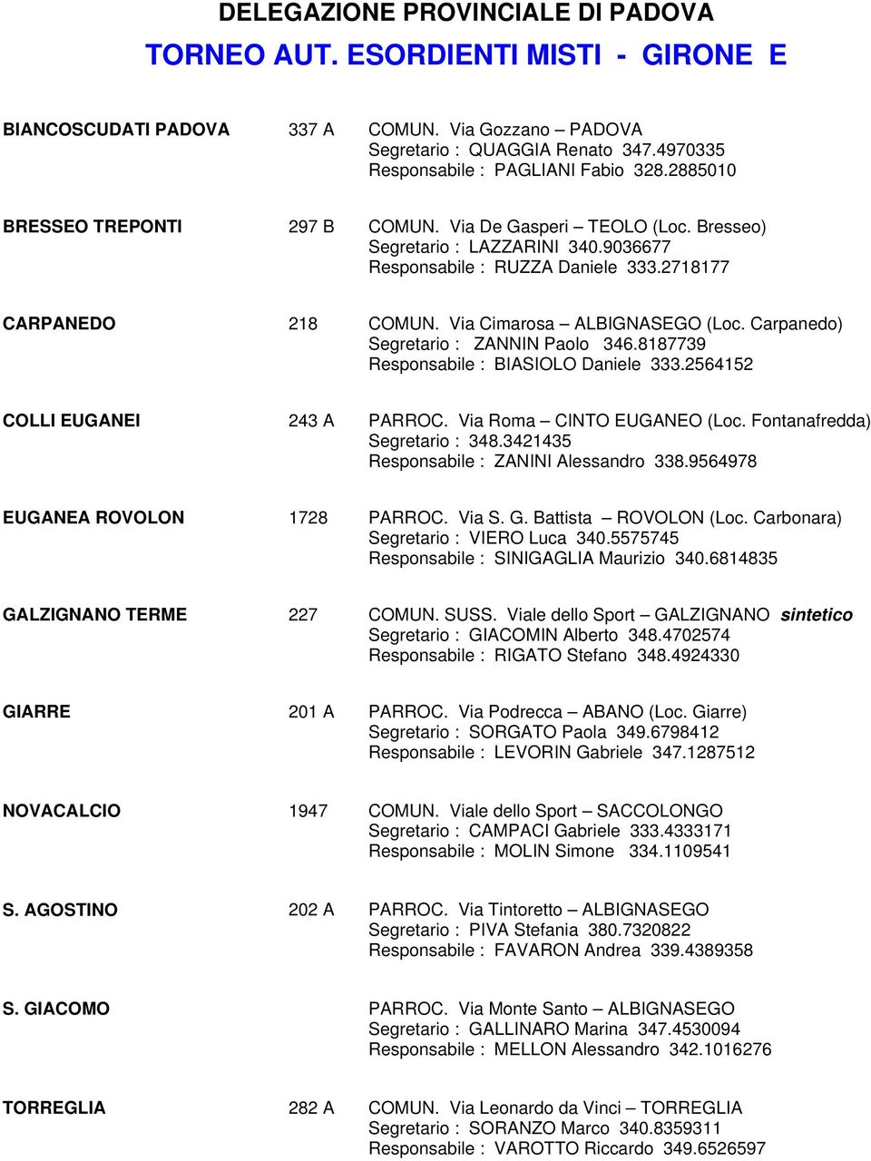 Via Cimarosa ALBIGNASEGO (Loc. Carpanedo) Segretario : ZANNIN Paolo 346.8187739 Responsabile : BIASIOLO Daniele 333.2564152 COLLI EUGANEI 243 A PARROC. Via Roma CINTO EUGANEO (Loc.
