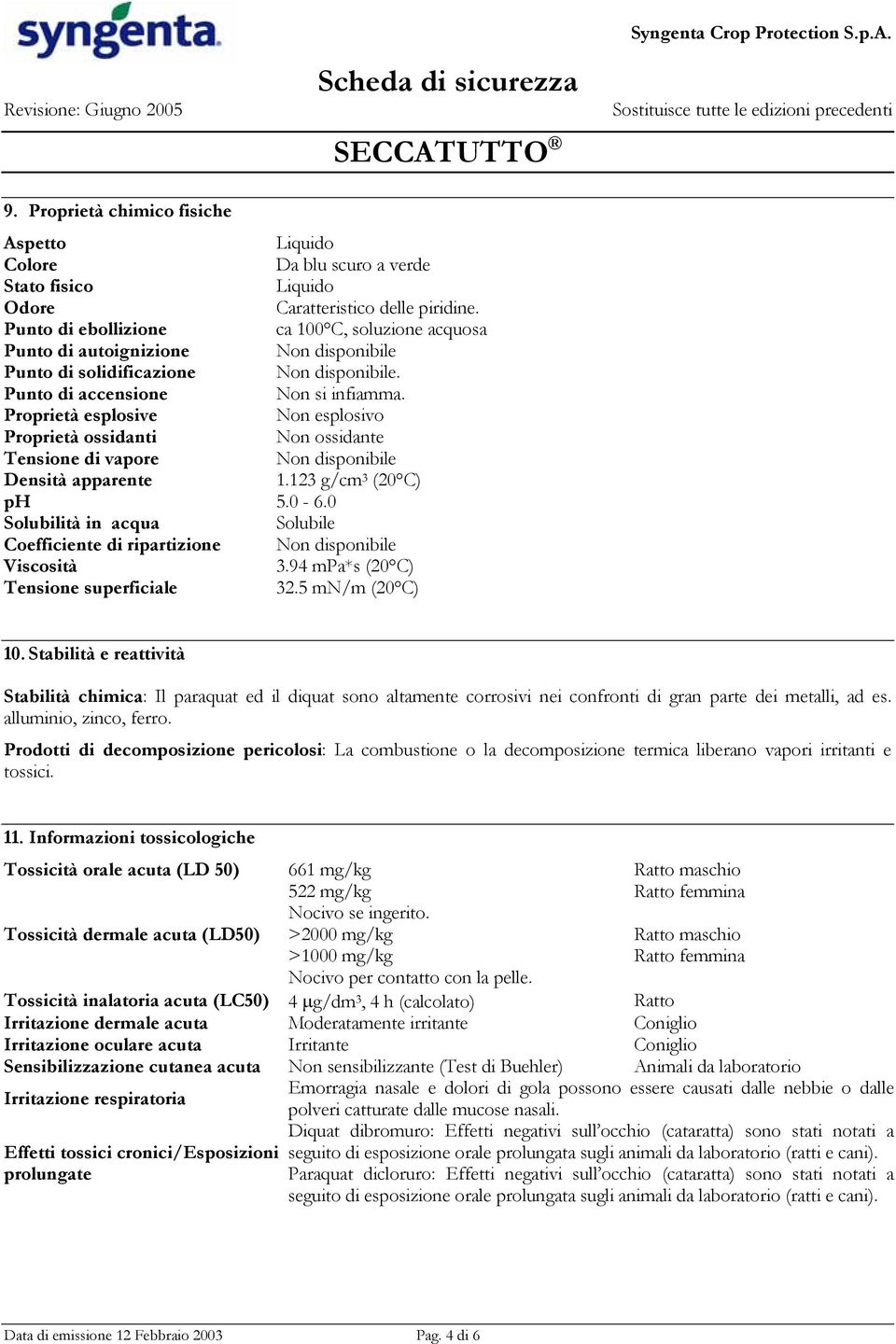 Proprietà esplosive Non esplosivo Proprietà ossidanti Non ossidante Tensione di vapore Non disponibile Densità apparente 1.123 g/cm 3 (20 C) ph 5.0-6.