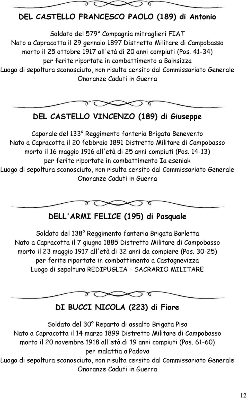 41-34) per ferite riportate in combattimento a Bainsizza DEL CASTELLO VINCENZO (189) di Giuseppe Caporale del 133 Reggimento fanteria Brigata Benevento Nato a Capracotta il 20 febbraio 1891 Distretto