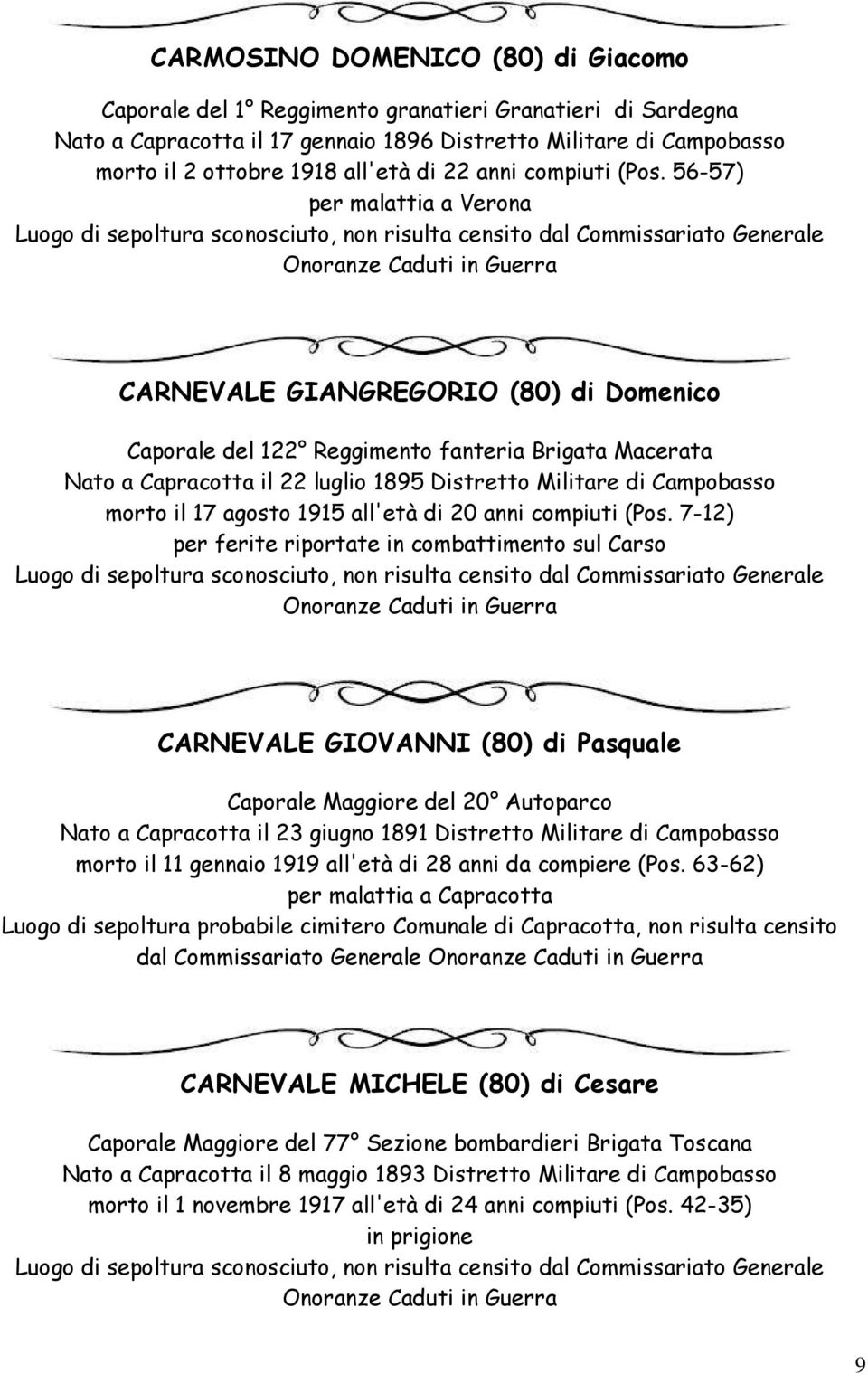 56-57) per malattia a Verona CARNEVALE GIANGREGORIO (80) di Domenico Caporale del 122 Reggimento fanteria Brigata Macerata Nato a Capracotta il 22 luglio 1895 Distretto Militare di Campobasso morto