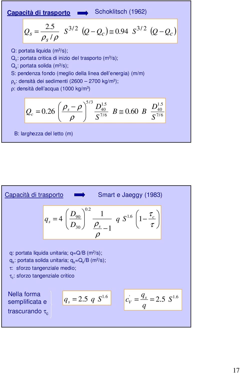 densità dei sedimenti (2600 2700 kg/m 3 ); ρ: densità dell acqua (1000 kg/m 3 ) Q c = 0.26 ρ s ρ ρ 5 /3 D S 1.5 40 7/ 6 B 0.60 B D S 1.
