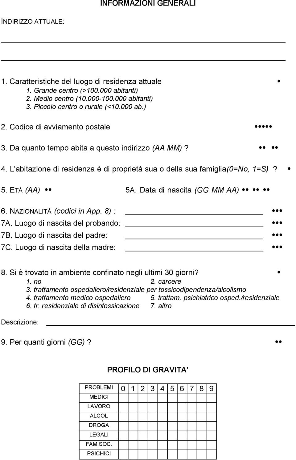 L'abitazione di residenza è di proprietà sua o della sua famiglia (0=No, 1=Sì)? 5. ETÀ (AA) 5A. Data di nascita (GG MM AA) 6. NAZIONALITÀ (codici in App. 8) : 7A. Luogo di nascita del probando: 7B.