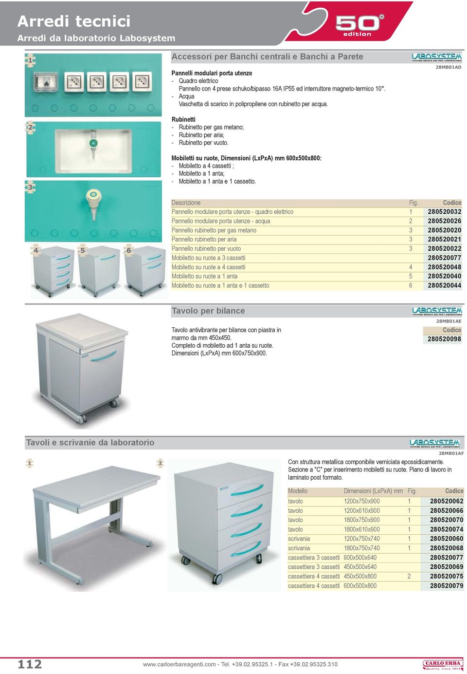 Mobiletti su ruote, Dimensioni (LxPxA) mm 600x500x800: - Mobiletto a 4 cassetti ; - Mobiletto a 1 anta; - Mobiletto a 1 anta e 1 cassetto. Descrizione Fig.