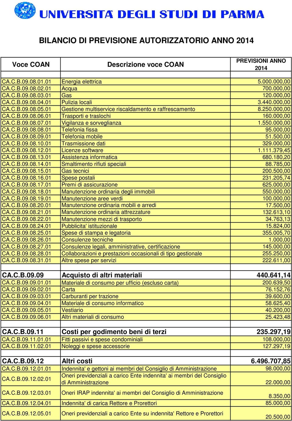 000,00 CA.C.B.09.08.08.01 Telefonia fissa 95.000,00 CA.C.B.09.08.09.01 Telefonia mobile 51.500,00 CA.C.B.09.08.10.01 Trasmissione dati 329.000,00 CA.C.B.09.08.12.01 Licenze software 1.111.379,45 CA.C.B.09.08.13.