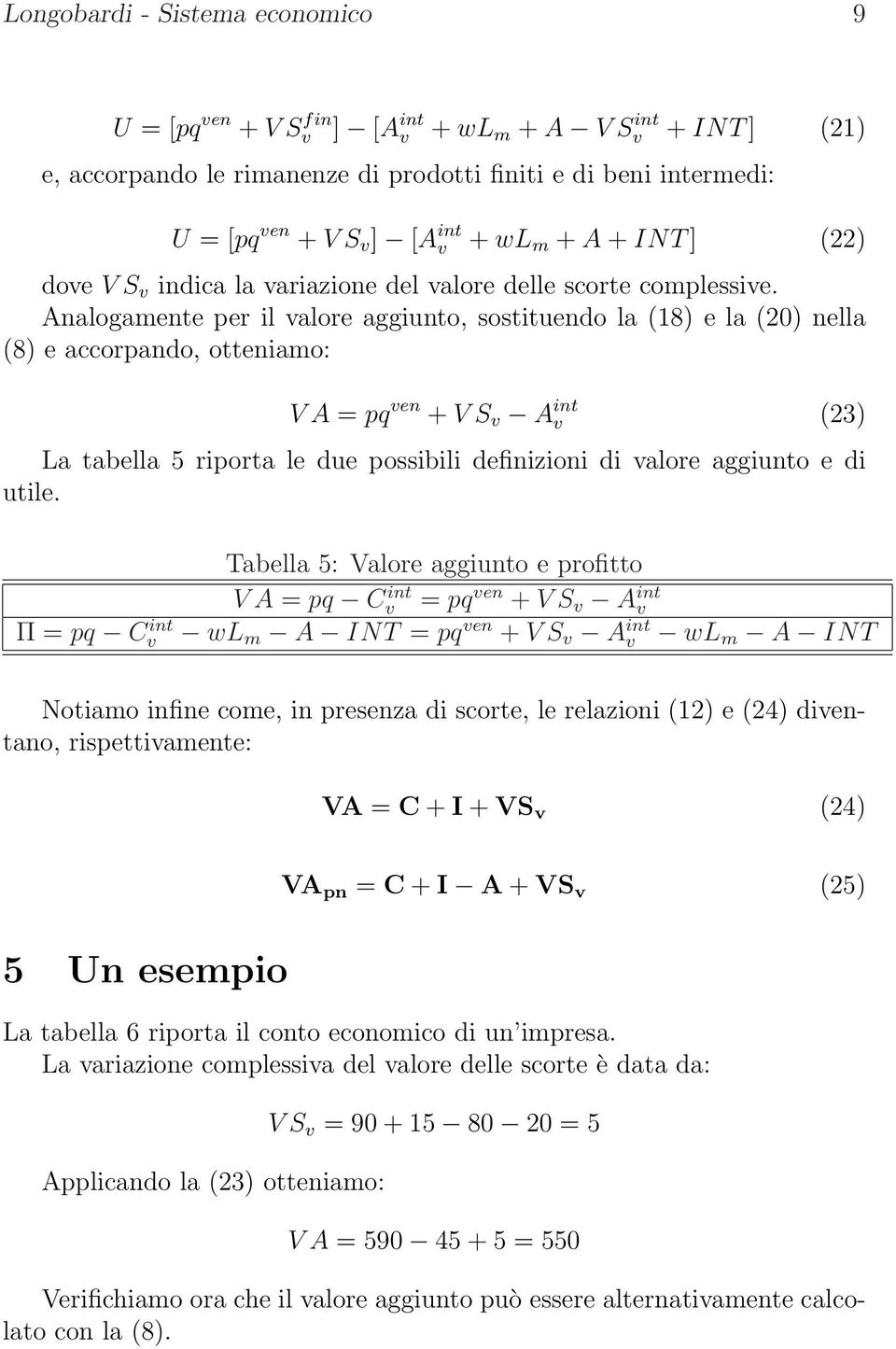 Analogamente per il alore aggiunto, sostituendo la (18) e la (20) nella (8) e accorpando, otteniamo: V A = p en + V S A int (23) La tabella 5 riporta le due possibili definizioni di alore aggiunto e