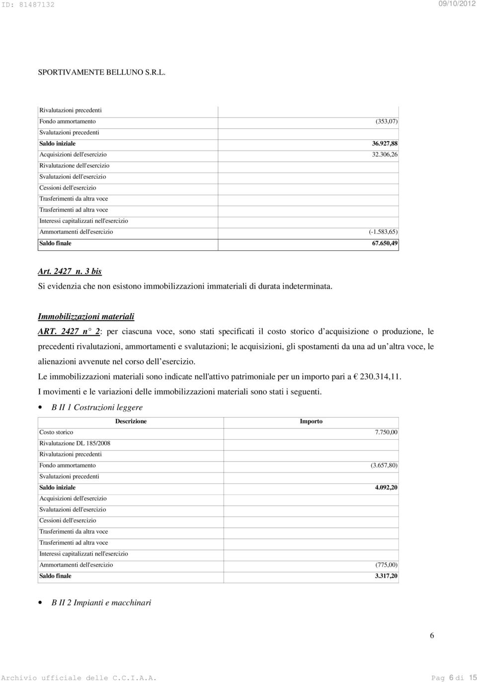 dell'esercizio (-1.583,65) Saldo finale 67.650,49 Art. 2427 n. 3 bis Si evidenzia che non esistono immobilizzazioni immateriali di durata indeterminata. Immobilizzazioni materiali ART.