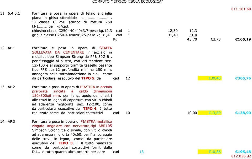 31,4 cad 1 31,40 31,4 Kg 43,70 3,78 165,19 Fornitura e posa in opera di STAFFA SOLLEVATA DA CEMENTARE in acciaio in metallo, tipo Simpson Strong-tie PPB 80G-B, per fissaggio al pilstro, con viti