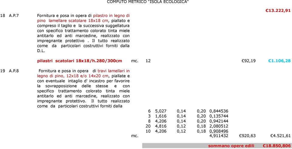 antitarlo ed anti marcedine, realizzato con impregnante protettivo. Il tutto realizzato come da particolari costruttivi forniti dalla D.L. COMPUTO METRICO "ISOLA ECOLOGICA" 13.