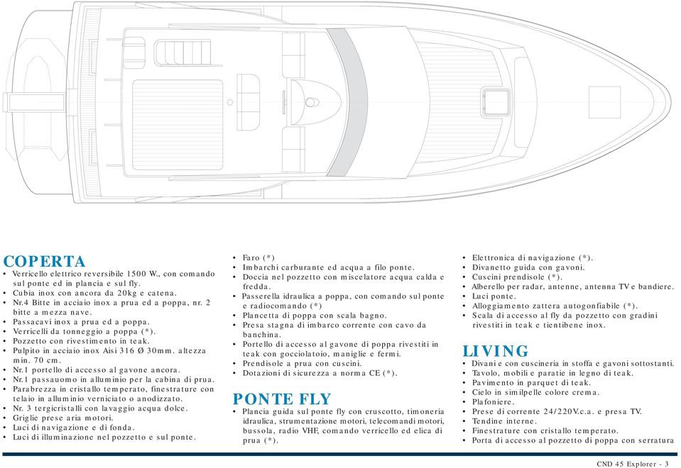 1 portello di accesso al gavone ancora. Nr.1 passauomo in alluminio per la cabina di prua. Parabrezza in cristallo temperato, finestrature con telaio in alluminio verniciato o anodizzato. Nr. 3 tergicristalli con lavaggio acqua dolce.