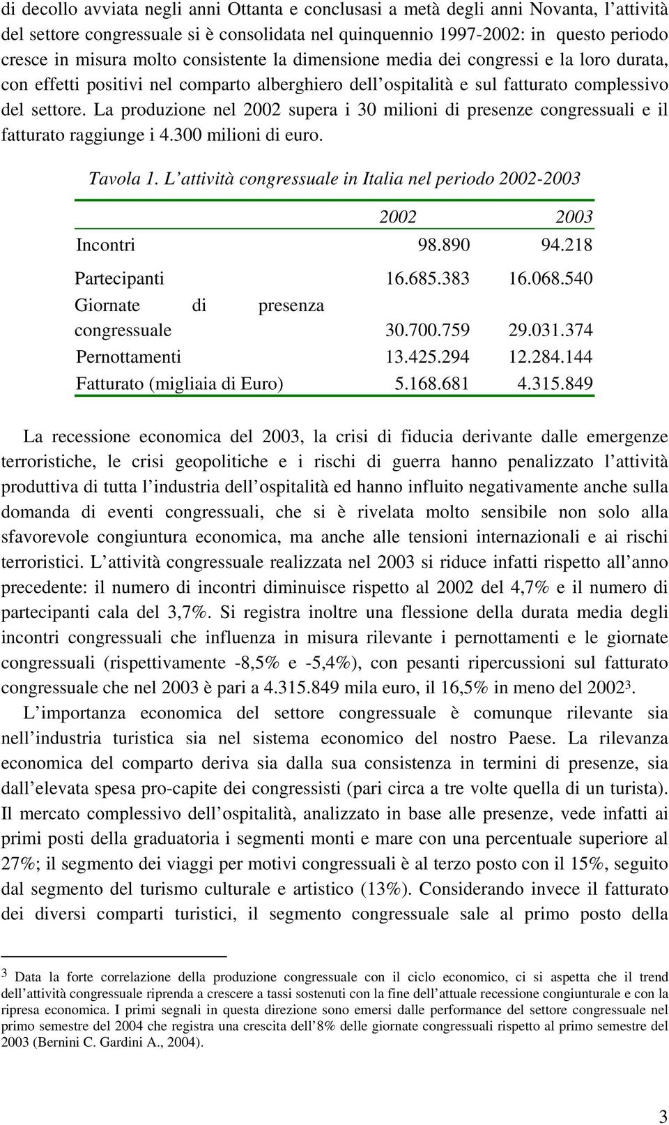 La produzione nel 2002 supera i 30 milioni di presenze congressuali e il fatturato raggiunge i 4.300 milioni di euro. Tavola 1.