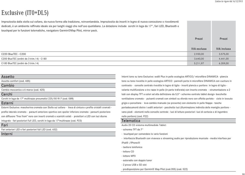 La dotazione include cerchi in lega da 17'', fari LED, Bluetooth e touchpad per le funzioni telematiche, navigatore Garmin Map Pilot, mirror pack. C220 BlueTEC - C200 2.930,00 3.