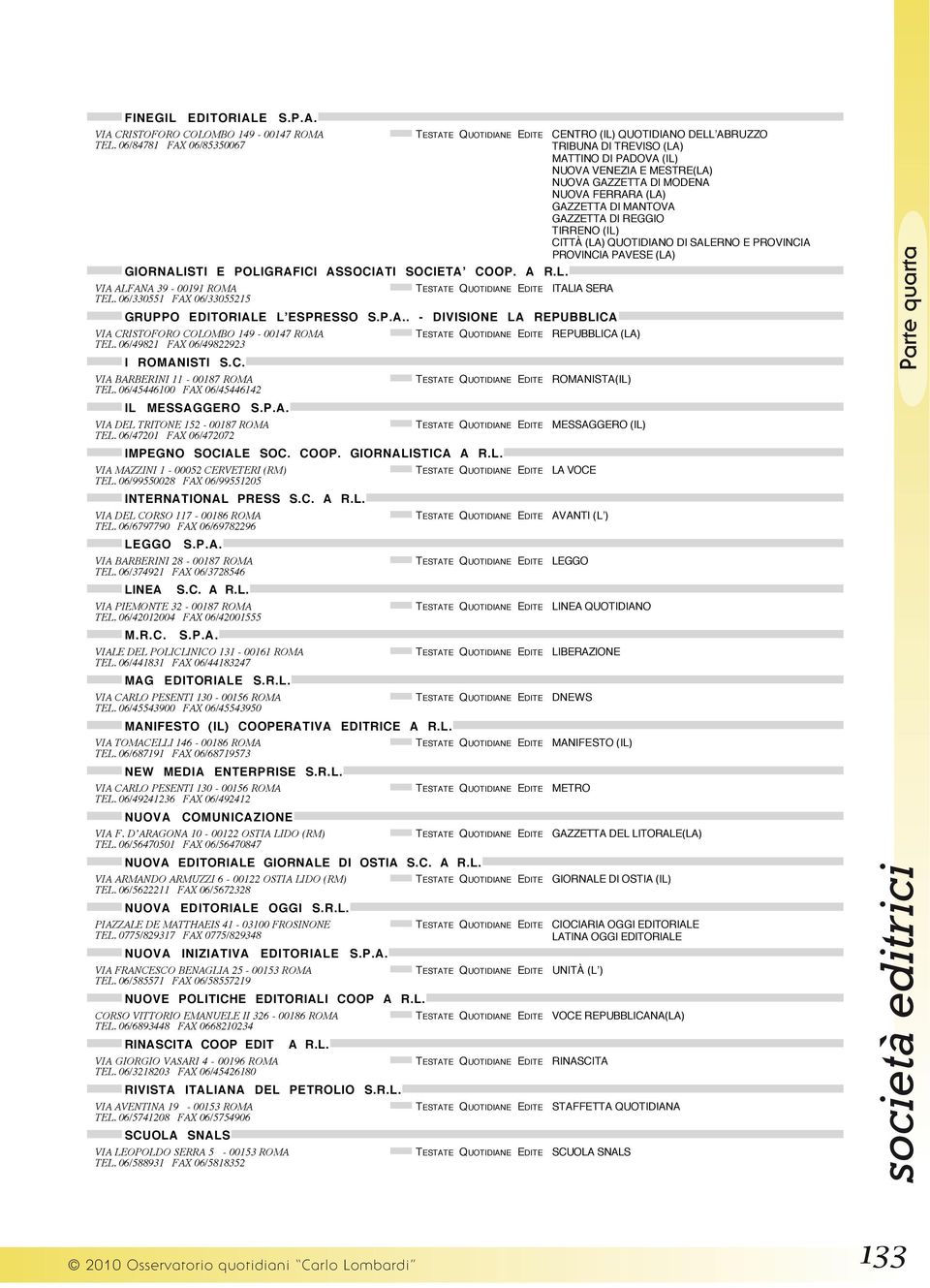 06/49821 FAX 06/49822923 CENTRO (IL) QUOTIDIANO DELLʼABRUZZO TRIBUNA DI TREVISO (LA) MATTINO DI PADOVA (IL) NUOVA VENEZIA E MESTRE(LA) NUOVA GAZZETTA DI MODENA NUOVA FERRARA (LA) GAZZETTA DI MANTOVA