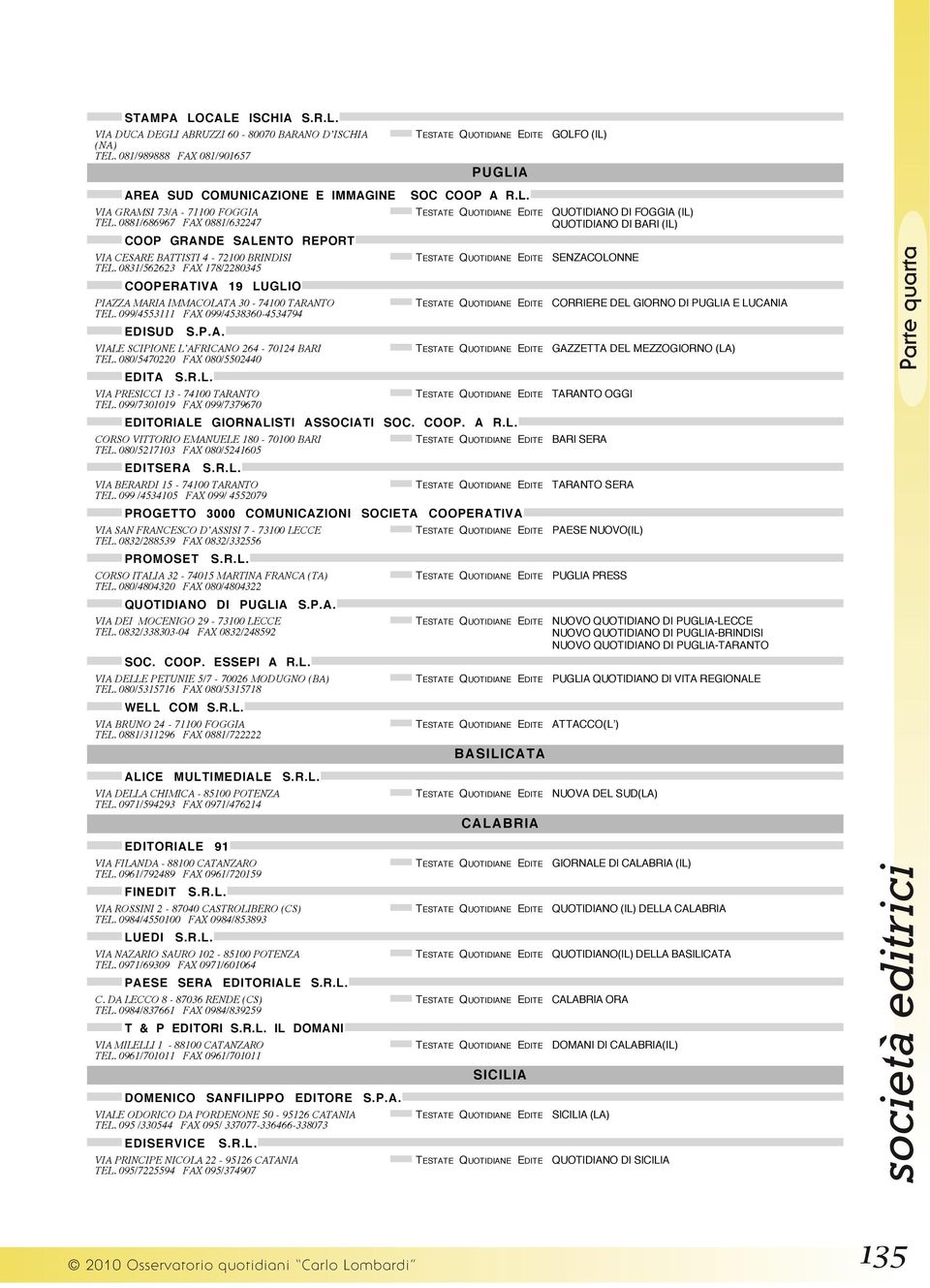 099/4553111 FAX 099/4538360-4534794 EDISUD S.P.A. VIALE SCIPIONE L AFRICANO 264-70124 BARI TEL. 080/5470220 FAX 080/5502440 EDITA S.R.L. VIA PRESICCI 13-74100 TARANTO TEL.