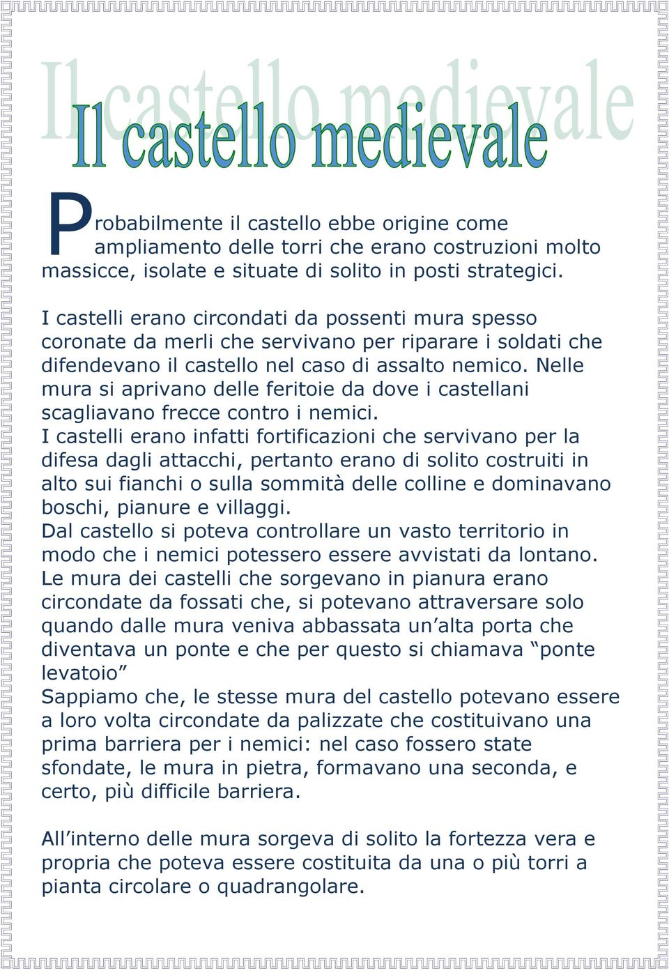 Nelle mura si aprivano delle feritoie da dove i castellani scagliavano frecce contro i nemici.