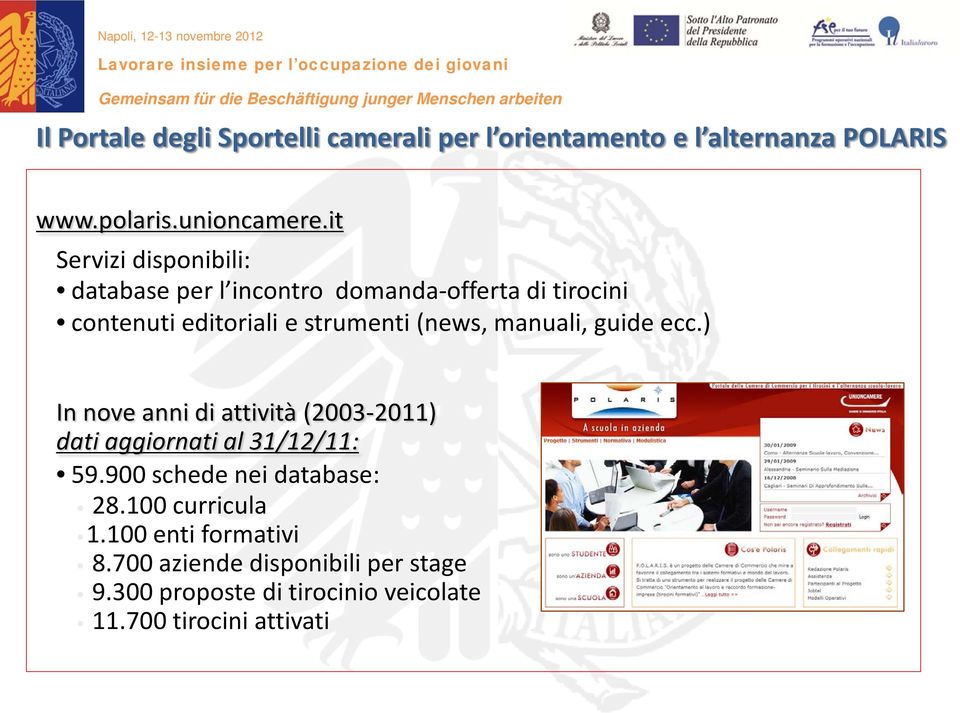 manuali, guide ecc.) In nove anni di attività (2003-2011) dati aggiornati al 31/12/11: 59.900 schede nei database: 28.