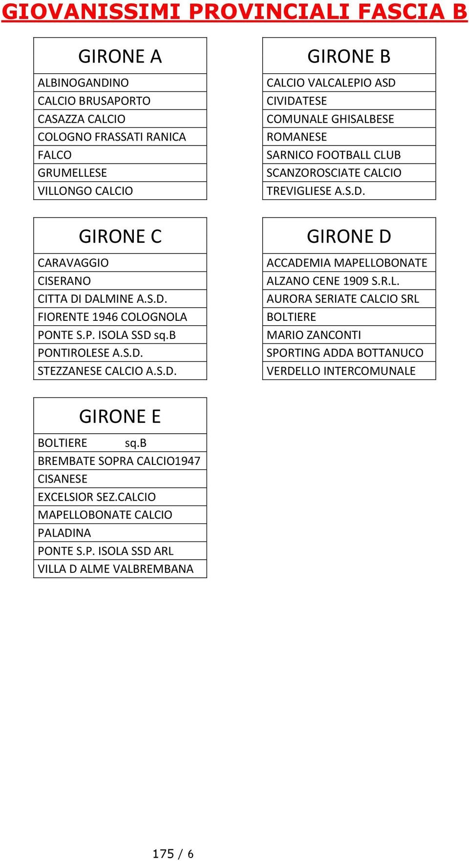 b PONTIROLESE A.S.D. STEZZANESE CALCIO A.S.D. GIRONE D ACCADEMIA MAPELLOBONATE ALZANO CENE 1909 S.R.L. AURORA SERIATE CALCIO SRL BOLTIERE MARIO ZANCONTI SPORTING ADDA BOTTANUCO VERDELLO INTERCOMUNALE GIRONE E BOLTIERE sq.