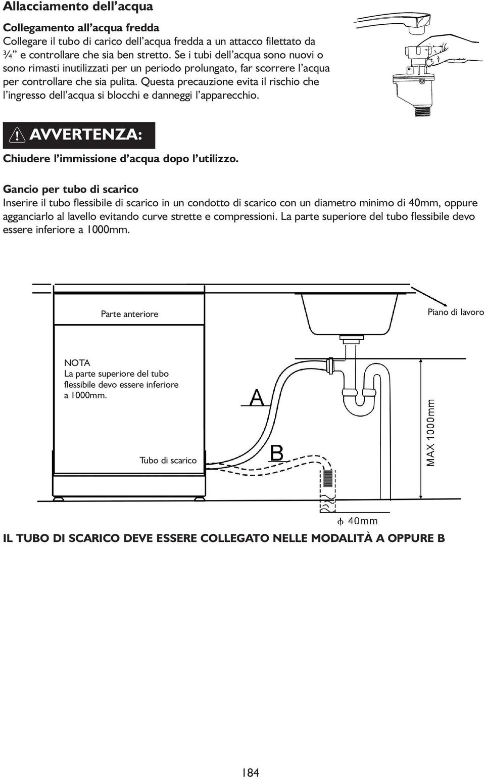 Questa precauzione evita il rischio che l ingresso dell acqua si blocchi e danneggi l apparecchio. Chiudere l immissione d acqua dopo l utilizzo.