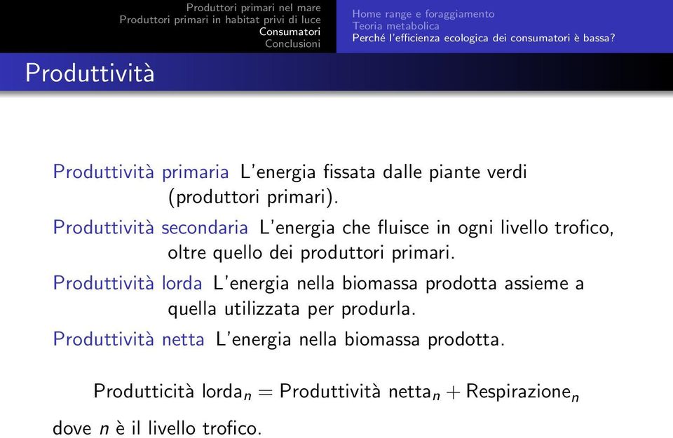 Produttività secondaria L energia che fluisce in ogni livello trofico, oltre quello dei produttori primari.