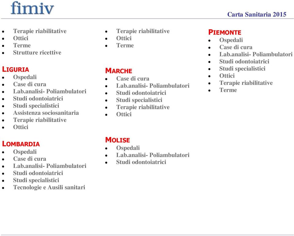 analisi- Poliambulatori Studi odontoiatrici Studi specialistici Tecnologie e Ausili sanitari Terapie riabilitative Ottici Terme MARCHE Case di cura Lab.