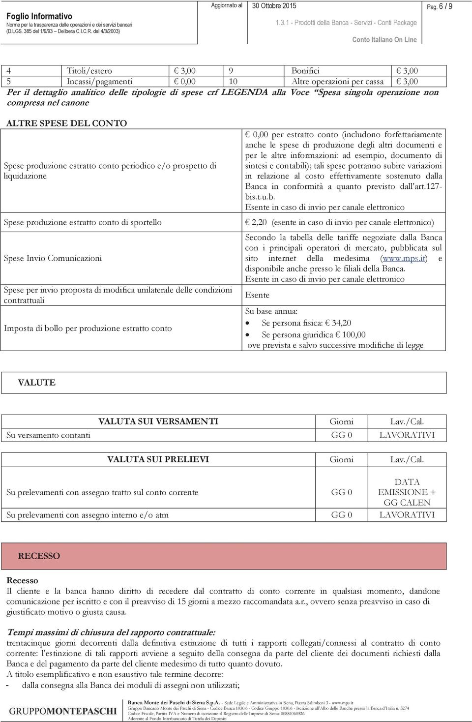 operazione non compresa nel canone ALTRE SPESE DEL CONTO Spese produzione estratto conto periodico e/o prospetto di liquidazione Spese produzione estratto conto di sportello Spese Invio Comunicazioni