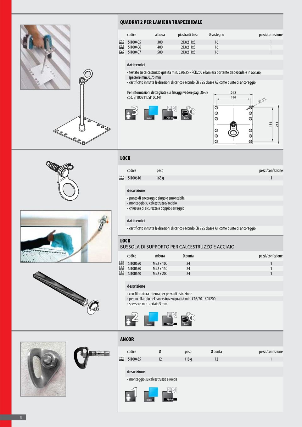 SI100211, SI100341 LOCK codice peso pezzi/confezione SI100610 163 g 1 punto di ancoraggio singolo smontabile LOCK BUSSOLA DI SUPPORTO PER