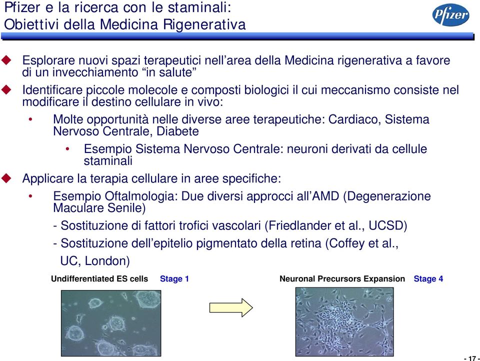 Centrale, Diabete Esempio Sistema Nervoso Centrale: neuroni derivati da cellule staminali Applicare la terapia cellulare in aree specifiche: Esempio Oftalmologia: Due diversi approcci all AMD