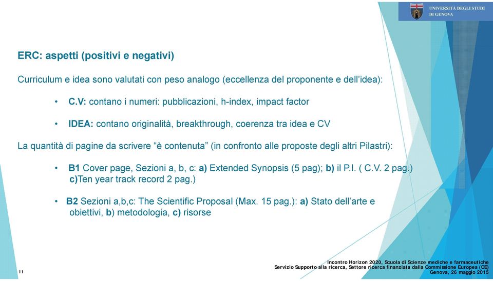 da scrivere è contenuta (in confronto alle proposte degli altri Pilastri): B1 Cover page, Sezioni a, b, c: a) Extended Synopsis (5 pag); b) il P.I.