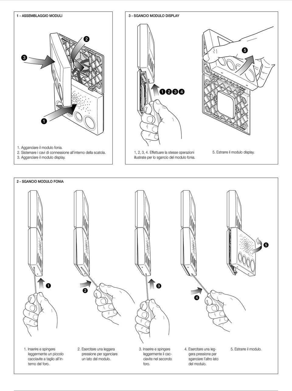 Inserire e spingere leggermente un piccolo cacciavite a taglio all interno del foro. 2. Esercitare una leggera pressione per sganciare un lato del modulo. 3.