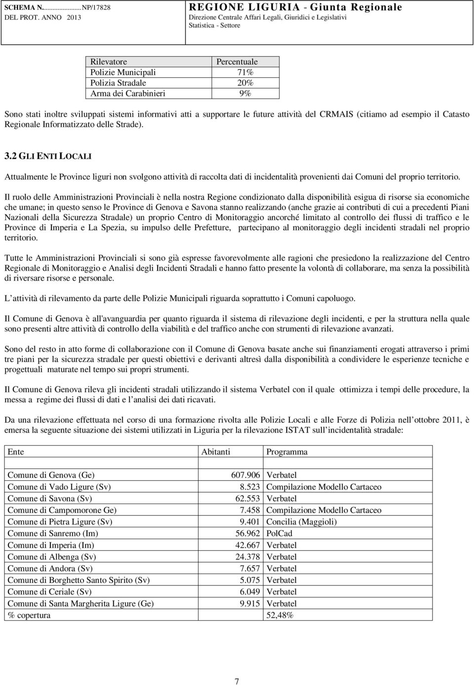 2 GLI ENTI LOCALI Attualmente le Province liguri non svolgono attività di raccolta dati di incidentalità provenienti dai Comuni del proprio territorio.