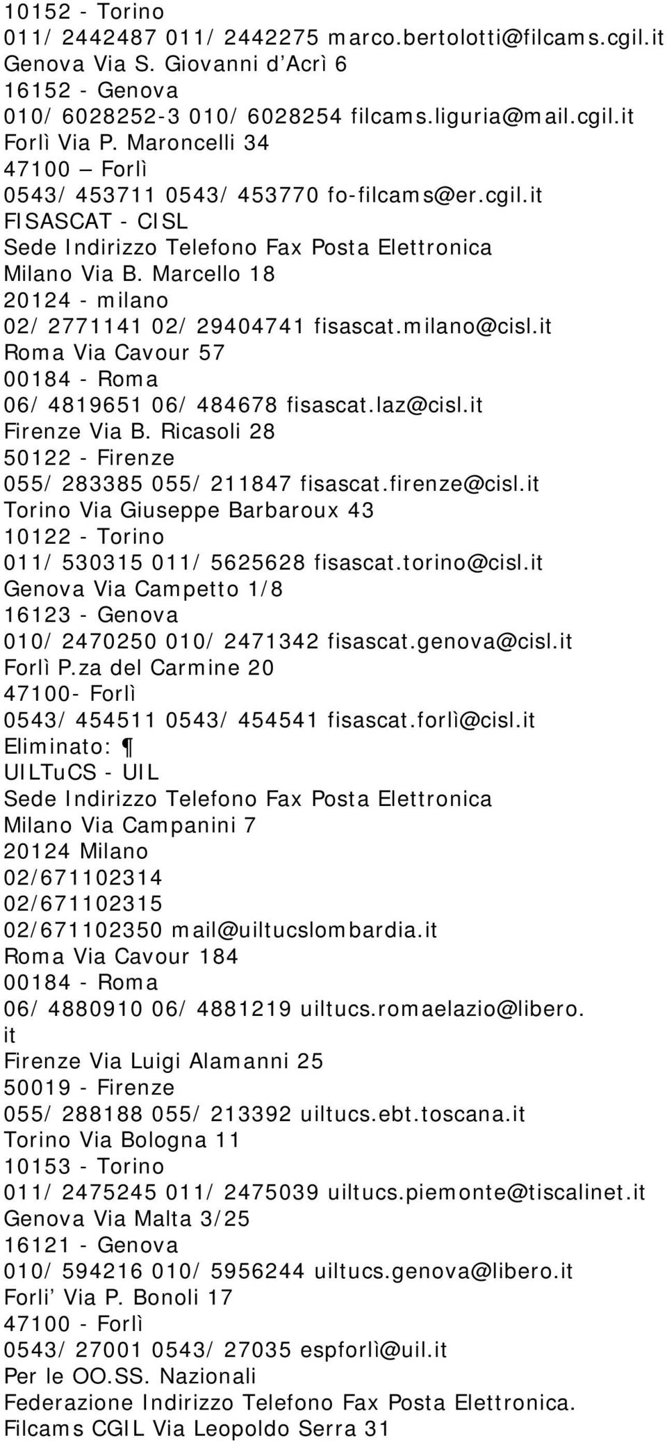 Marcello 18 20124 - milano 02/ 2771141 02/ 29404741 fisascat.milano@cisl.it Roma Via Cavour 57 00184 - Roma 06/ 4819651 06/ 484678 fisascat.laz@cisl.it Firenze Via B.