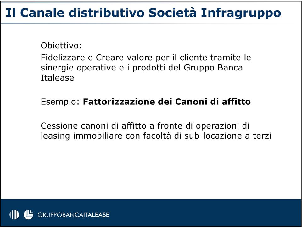 Banca Italease Esempio: Fattorizzazione dei Canoni di affitto Cessione canoni di