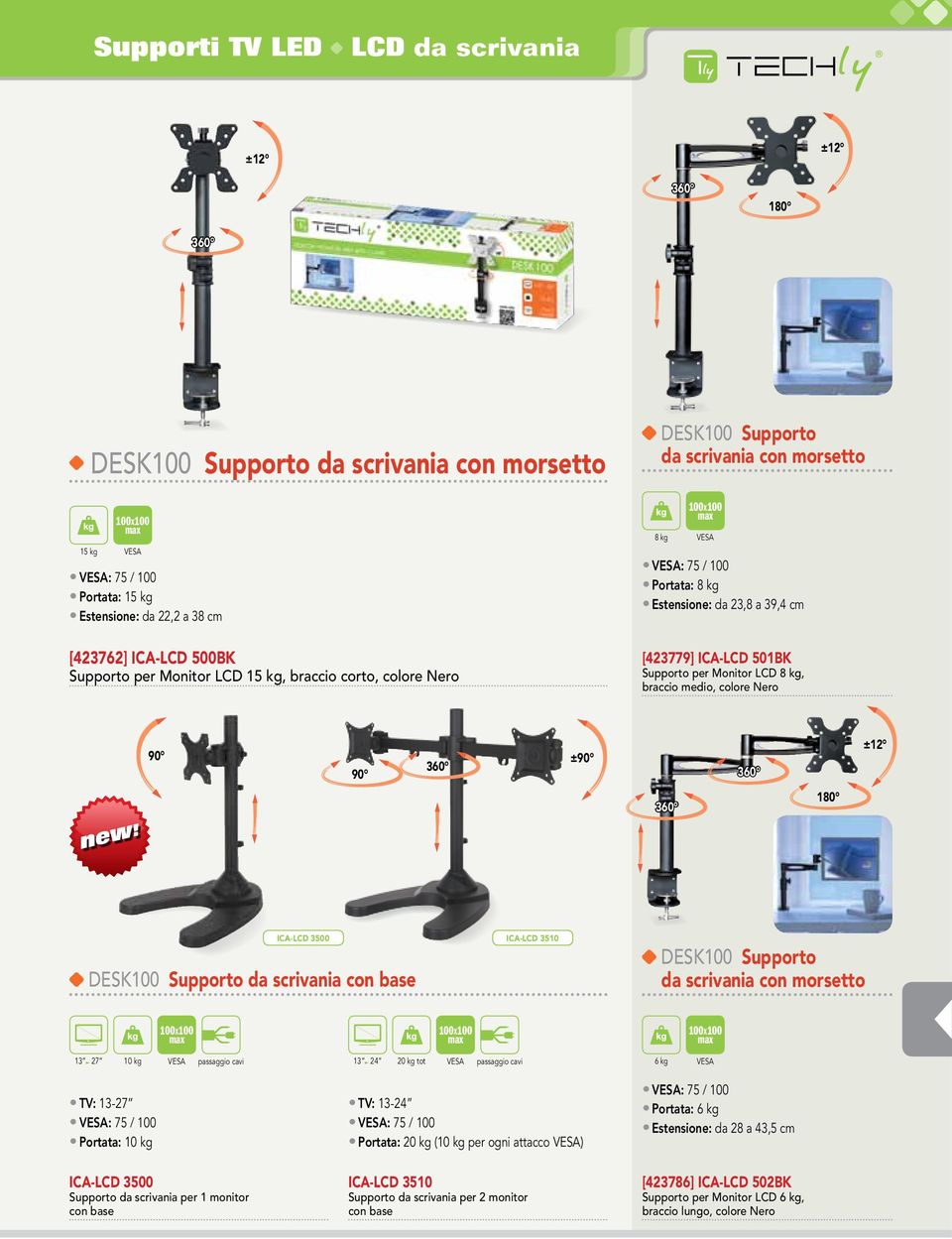 scrivania con base ICA-LCD 3500 ICA-LCD 3510 desk100 Supporto da scrivania con morsetto 13 27 10 kg VESA 13 24 20 kg tot VESA 6 kg VESA TV: 13-27 Portata: 10 kg ICA-LCD 3500 Supporto da scrivania per