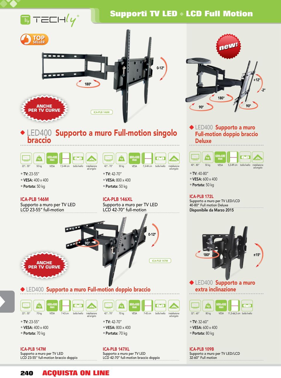 Portata: 50 kg 5,3-49 cm bolla livello installazione ad angolo ICA-PLB 146M Supporto a muro per TV LED LCD 23-55 full-motion ICA-PLB 146XL Supporto a muro per TV LED LCD 42-70 full-motion ICA-PLB