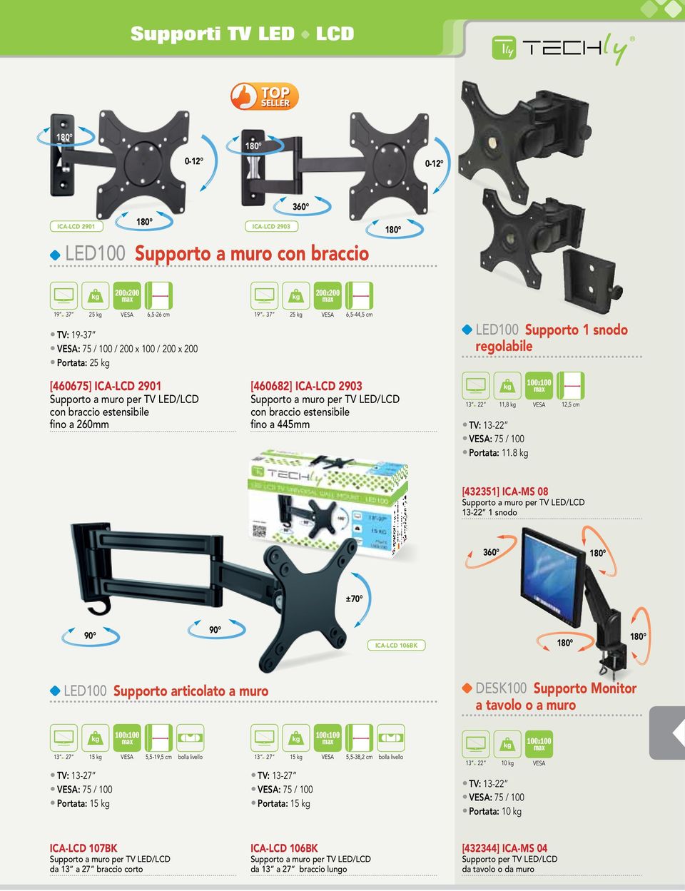 8 kg 12,5 cm [432351] ICA-MS 08 13-22 1 snodo ±70 ICA-LCD 106BK led100 Supporto articolato a muro DESK100 Supporto Monitor a tavolo o a muro 13 27 15 kg VESA 5,5-19,5 cm bolla livello TV: 13-27 13 27