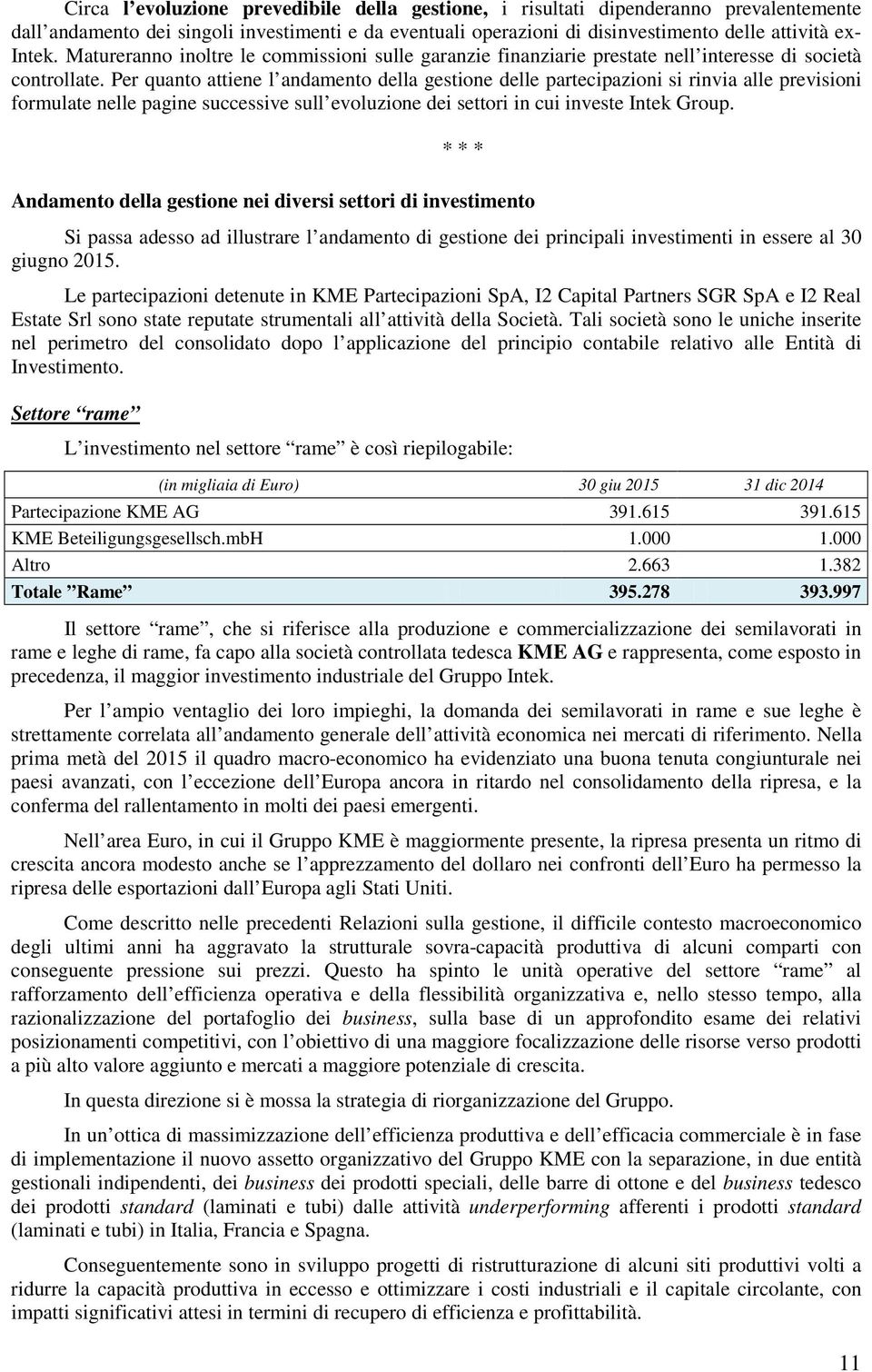 Per quanto attiene l andamento della gestione delle partecipazioni si rinvia alle previsioni formulate nelle pagine successive sull evoluzione dei settori in cui investe Intek Group.