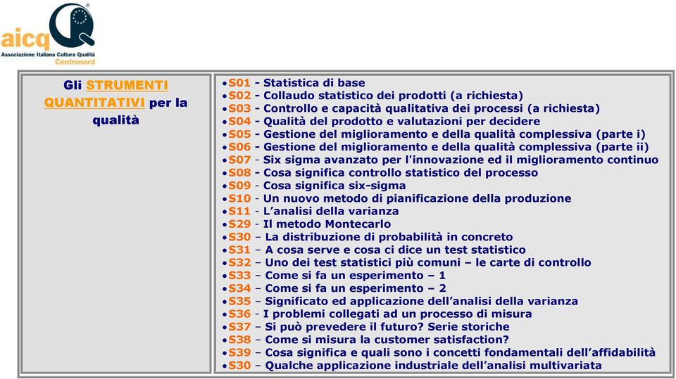 avanzato per l'innovazione ed il miglioramento continuo S08 - Cosa significa controllo statistico del processo S09 - Cosa significa six-sigma S10 - Un nuovo metodo di pianificazione della produzione