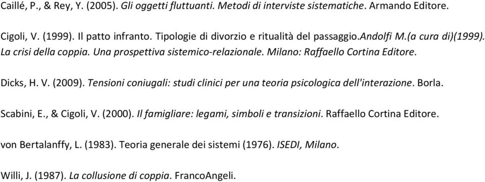 Milano: Raffaello Cortina Editore. Dicks, H. V. (2009). Tensioni coniugali: studi clinici per una teoria psicologica dell'interazione. Borla. Scabini, E., & Cigoli, V.