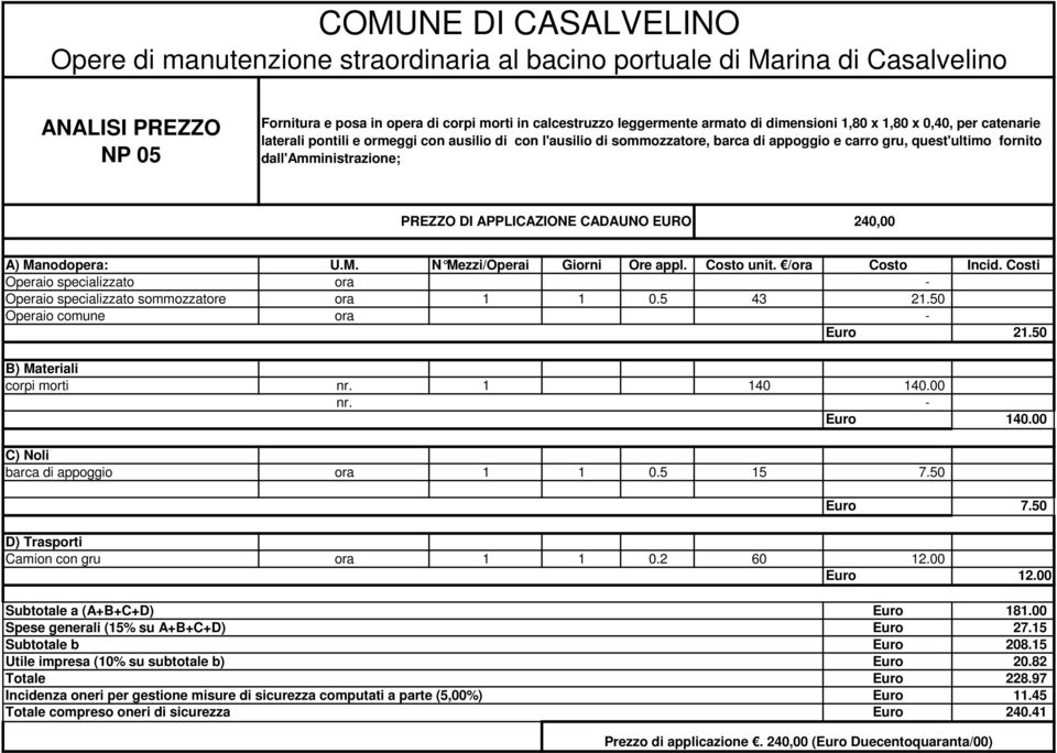 - Operaio specializzato sommozzatore ora 1 1 0.5 43 21.50 Euro 21.50 corpi morti nr. 1 140 140.00 nr. - Euro 140.00 barca di appoggio ora 1 1 0.5 15 7.50 Euro 7.