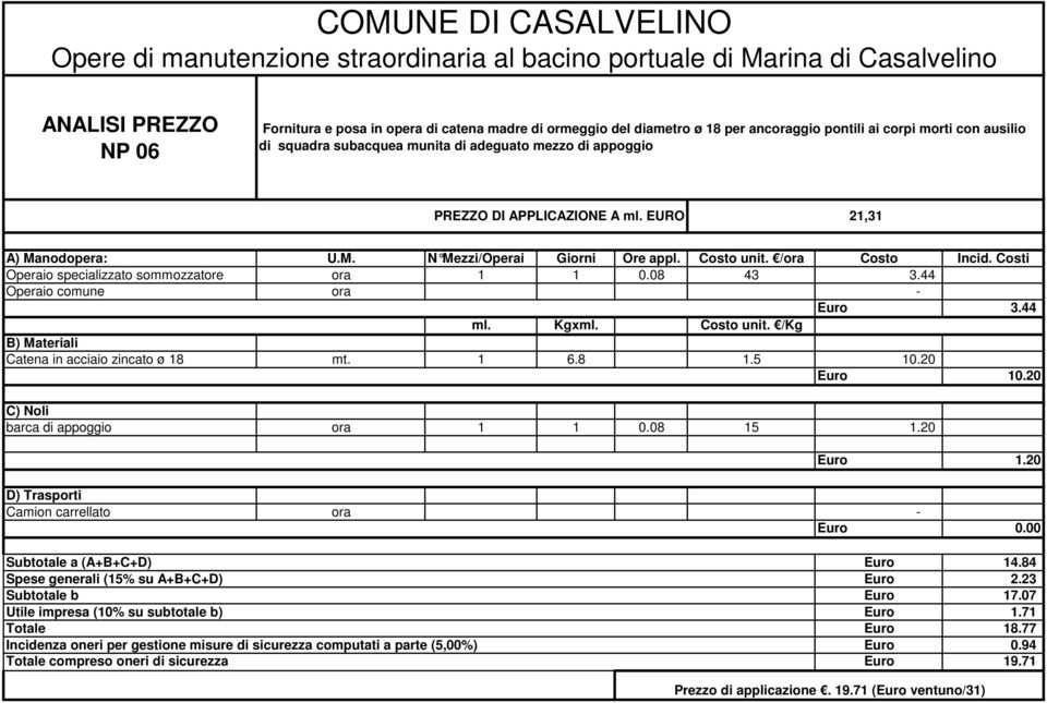 EURO 21,31 Operaio specializzato sommozzatore ora 1 1 0.08 43 3.44 Euro 3.44 ml. Kgxml. Costo unit. /Kg Catena in acciaio zincato ø 18 mt.