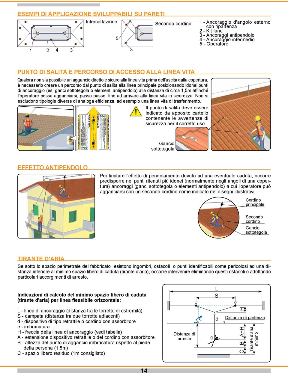 creare un percorso dal punto di salita alla linea principale posizionando idonei punti di ancoraggio (es: ganci sottotegola o elementi antipendolo) alla distanza di circa 1,5m affinché l operatore