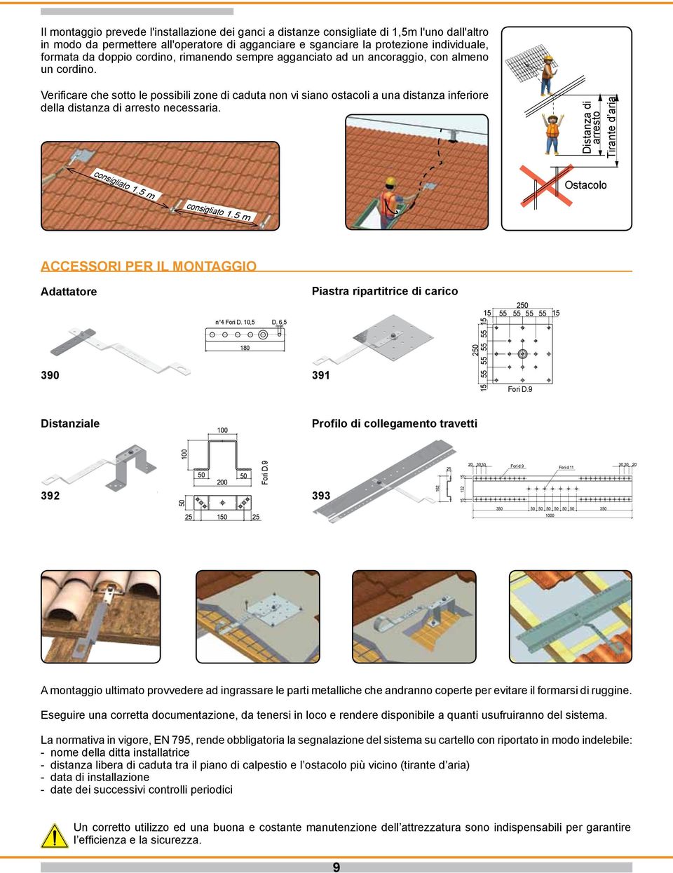 Verificare che sotto le possibili zone di caduta non vi siano ostacoli a una distanza inferiore della distanza di arresto necessaria. Distanza di arresto Tirante d aria consigliato 1.