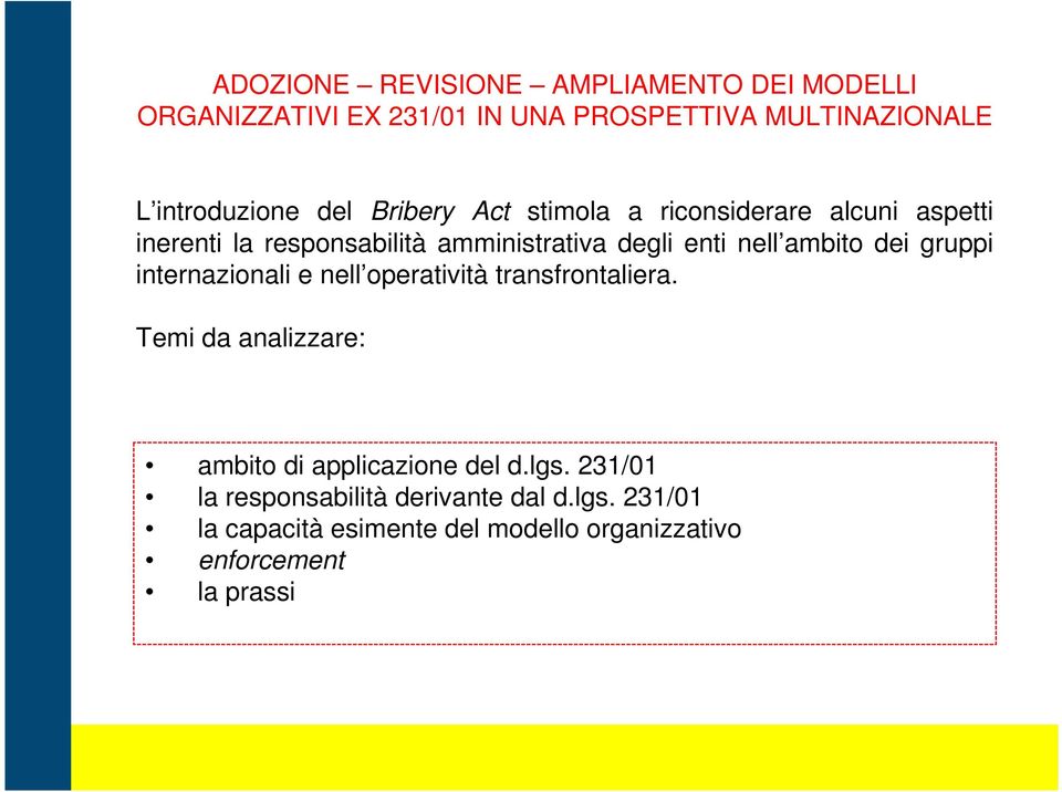 ambito dei gruppi internazionali e nell operatività transfrontaliera. Temi da analizzare: ambito di applicazione del d.