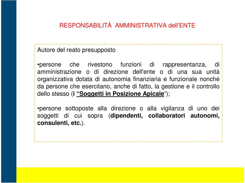 da persone che esercitano, anche di fatto, la gestione e il controllo dello stesso (i Soggetti in Posizione Apicale ); persone