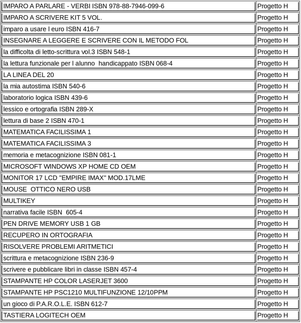 ISBN 470-1 MATEMATICA FACILISSIMA 1 MATEMATICA FACILISSIMA 3 memoria e metacognizione ISBN 081-1 MICROSOFT WINDOWS XP HOME CD OEM MONITOR 17 LCD "EMPIRE IMAX" MOD.