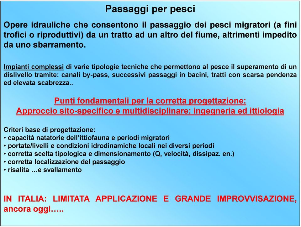 . Impianti complessi di varie tipologie tecniche che permettono al pesce il superamento di un dislivello tramite: canali by-pass, successivi passaggi in bacini, tratti con scarsa pendenza ed elevata