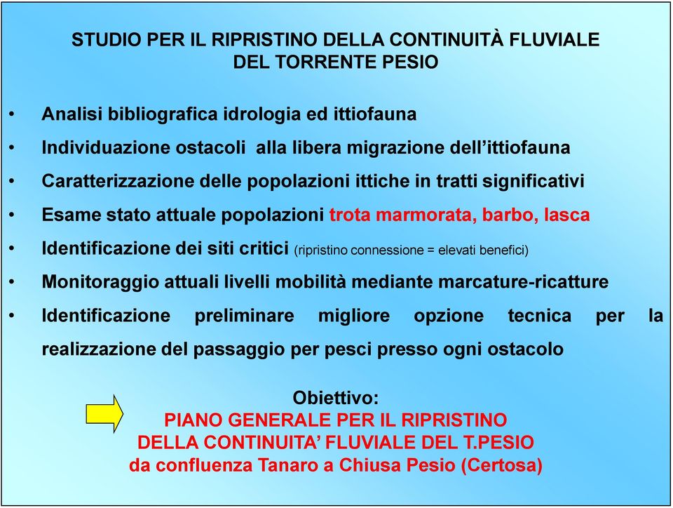 (ripristino connessione = elevati benefici) Monitoraggio attuali livelli mobilità mediante marcature-ricatture Identificazione preliminare migliore opzione tecnica