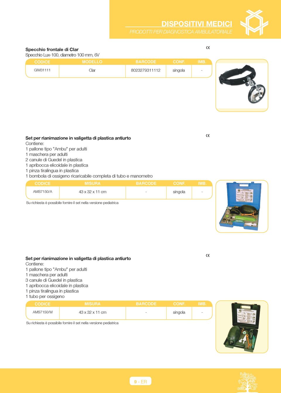 AMS7150/A 43 x 32 x 11 cm - singola - Su richiesta è possibile fornire il set nella versione pediatrica Set per rianimazione in valigetta di plastica antiurto Contiene: 1 pallone tipo "Ambu" per